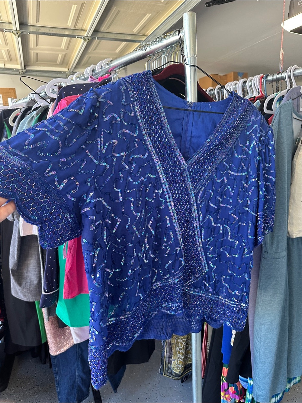 Source Unknown Blue Beaded V-Neck Women's Top